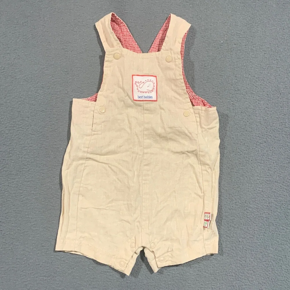 Best Buddies Baby Boys Linen Cotton Whale Shortall Romper Beige Red 6-9‎ Months